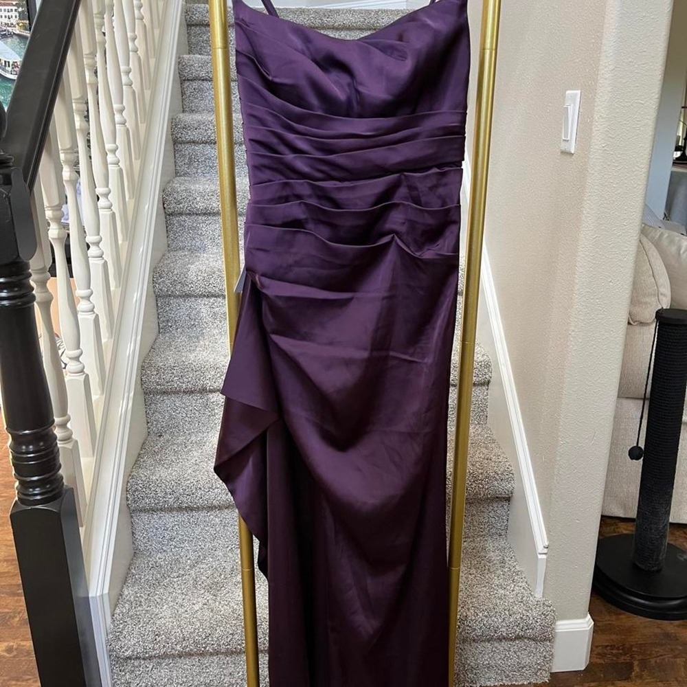 Azazie plum satin maxi ruched ruffle dress wedding Paris bridesmaid evening